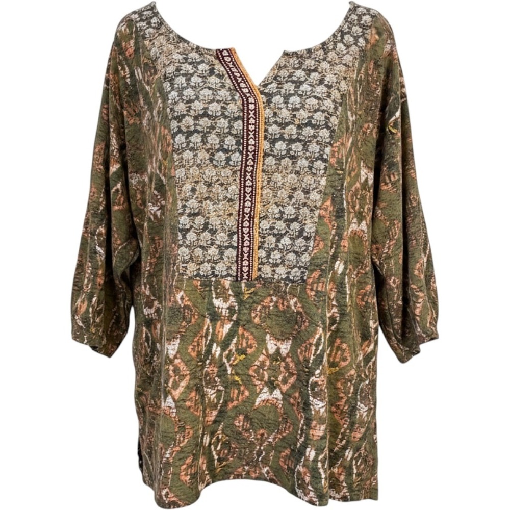 Denim 24/7 Women 3X Tunic Top Olive Green Mixed Print Boho Split Neck 30/32